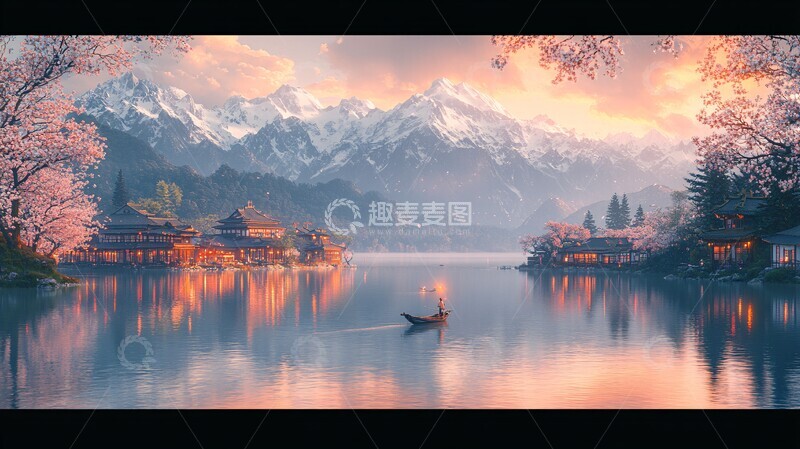 高清大图下载【趣麦麦图】湖畔渔村黄昏景3