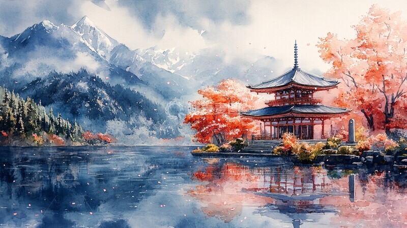 高清大图下载【趣麦麦图】樱花湖泊日本剑