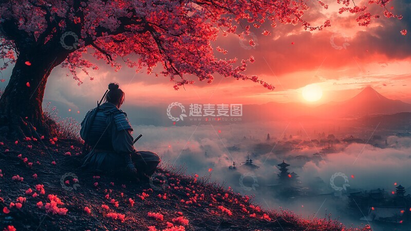 高清大图下载【趣麦麦图】樱花树下武士影3