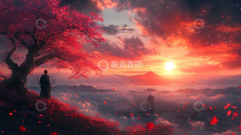 高清大图下载【趣麦麦图】樱花树下武士影2