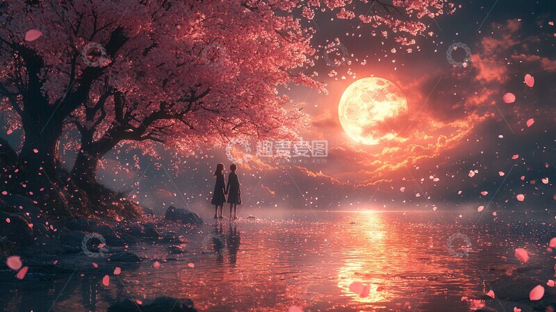 高清大图下载【趣麦麦图】樱花树下手牵手2