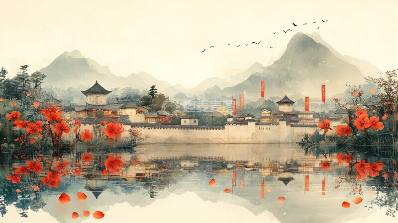 高清大图下载【趣麦麦图】鸟语花香村景图3