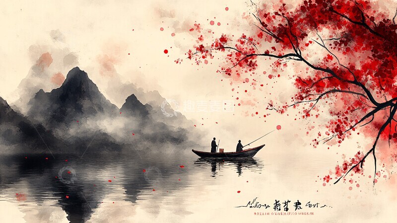 高清大图下载【趣麦麦图】渔舟晚泊渔舟晚泊湖水