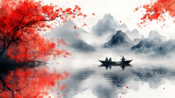 渔舟晚霞渔舟晚霞湖水