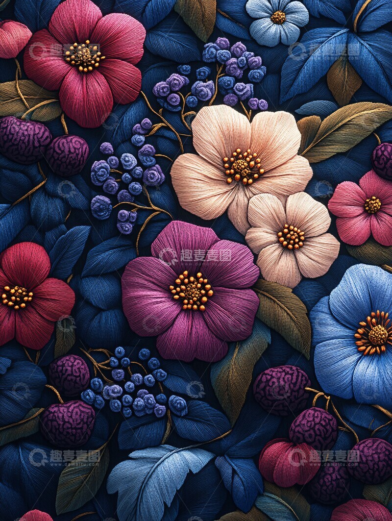 高清大图下载【趣麦麦图】紫色花卉刺绣图案2
