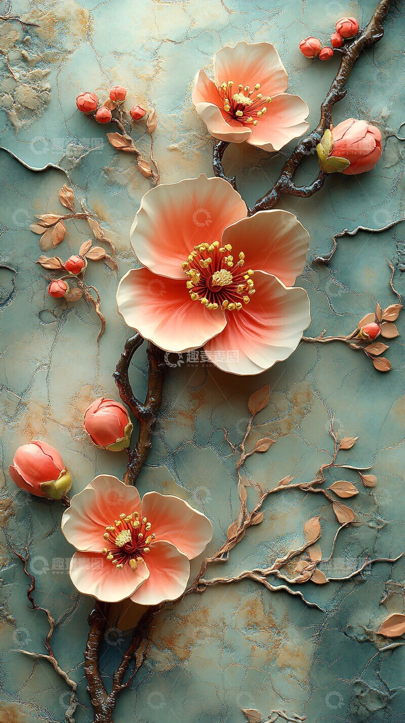 高清大图下载【趣麦麦图】桃花浮雕彩色图3