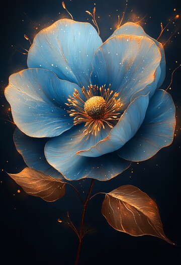 蓝花金叶花卉画2