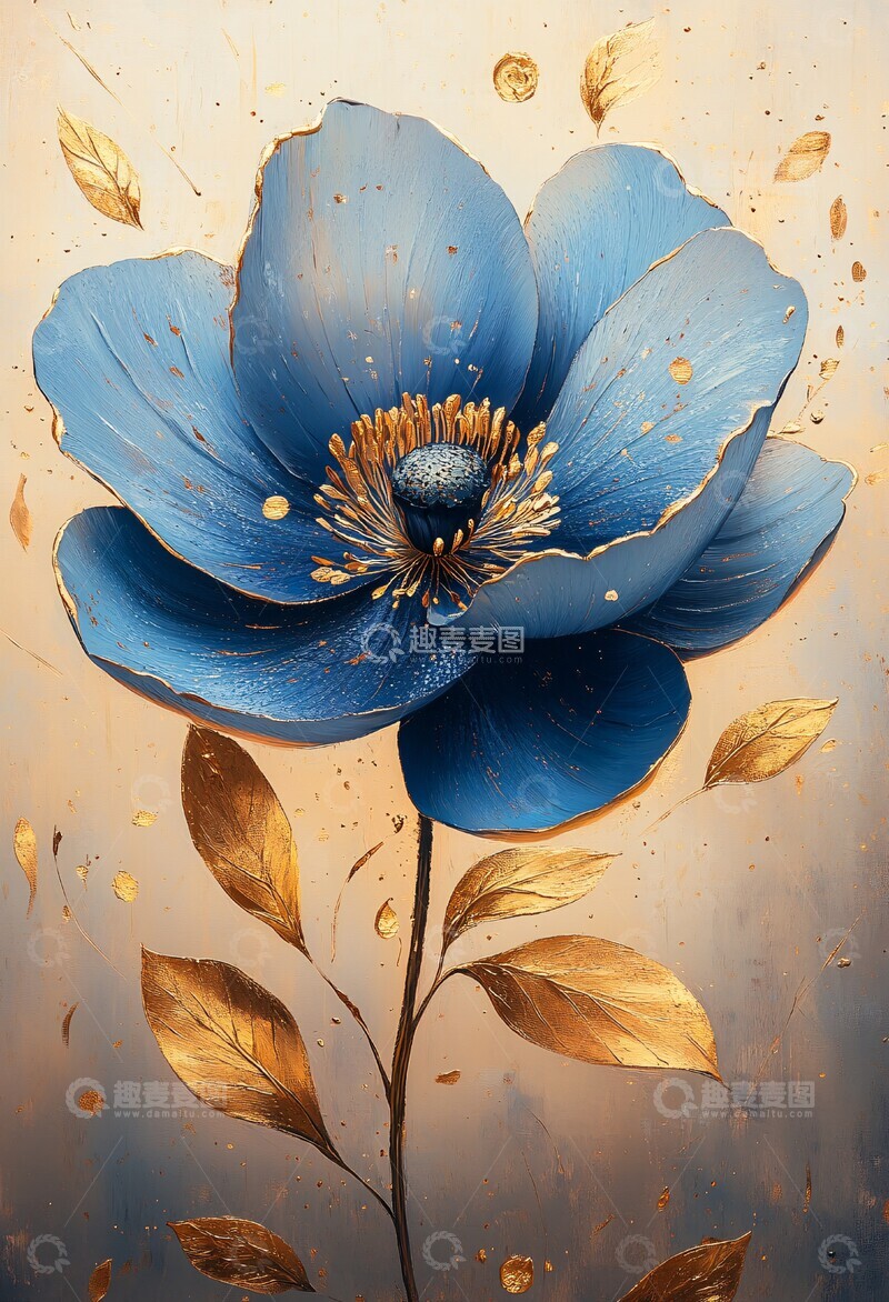 高清大图下载【趣麦麦图】蓝花金叶花卉画3