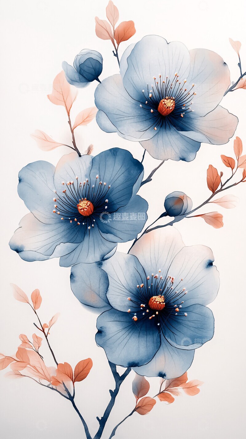 高清大图下载【趣麦麦图】蓝白花朵水彩壁纸3
