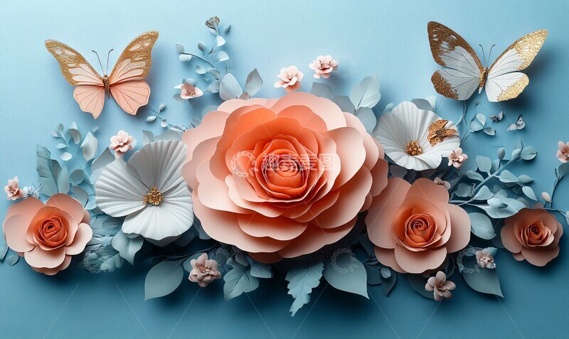 高清大图下载【趣麦麦图】玫瑰蝴蝶剪纸花3