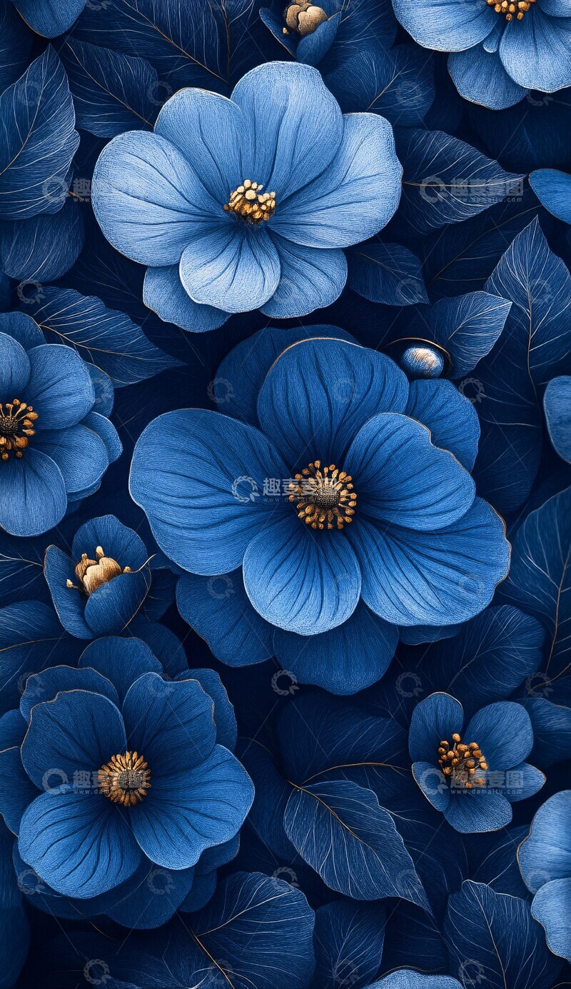 高清大图下载【趣麦麦图】蓝色花卉线条图案1