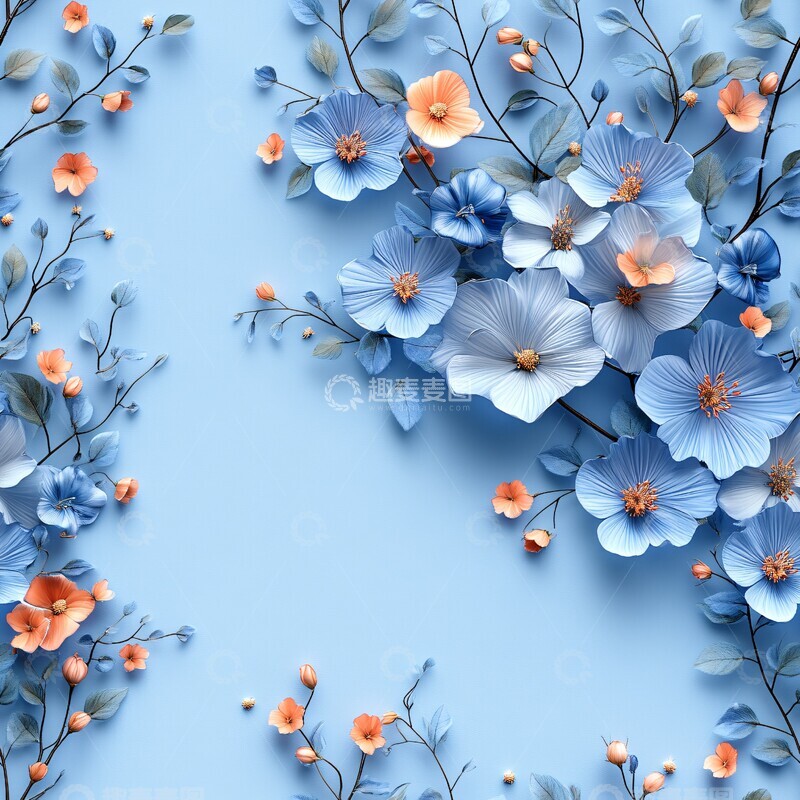高清大图下载【趣麦麦图】空蓝底花卉水彩3