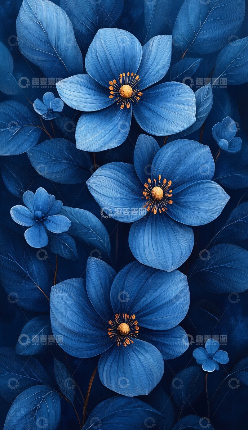 高清大图下载【趣麦麦图】蓝色花卉线条图案2