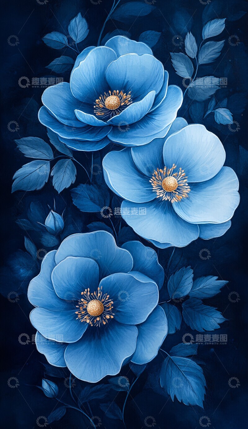 高清大图下载【趣麦麦图】蓝色花卉线条图案3