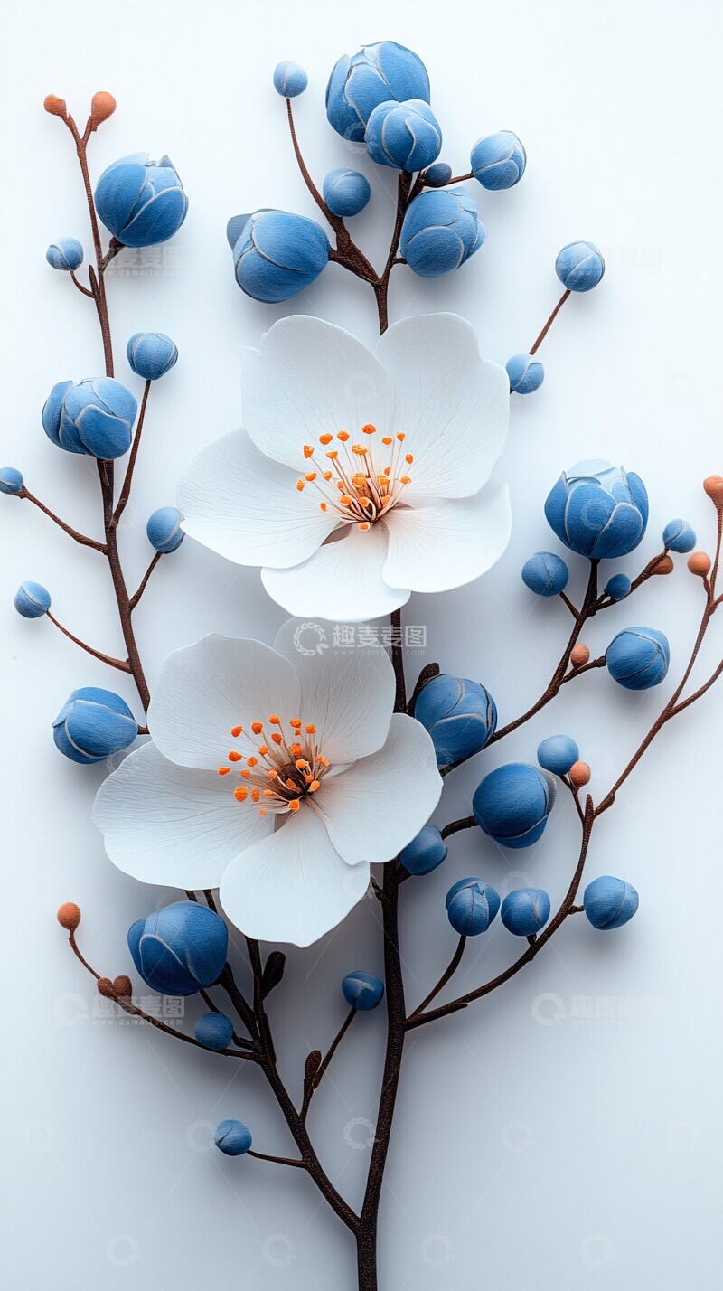 高清大图下载【趣麦麦图】白花与浅蓝花剪纸