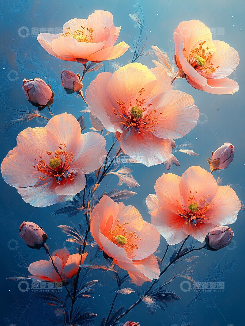 高清大图下载【趣麦麦图】粉色花朵蓝色背景5