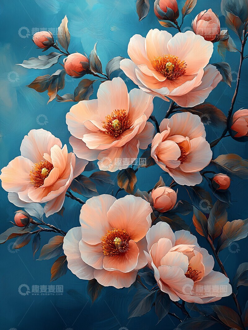 高清大图下载【趣麦麦图】粉色花朵蓝色背景3