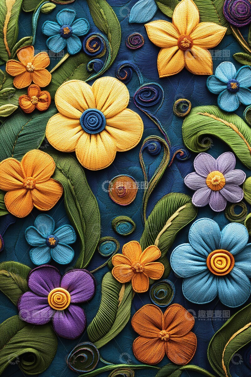 高清大图下载【趣麦麦图】花卉与绿叶刺绣图案3