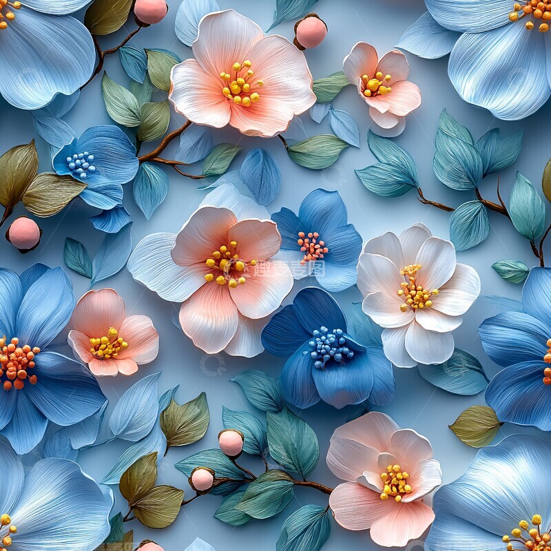 高清大图下载【趣麦麦图】蓝粉绿花卉壁纸3