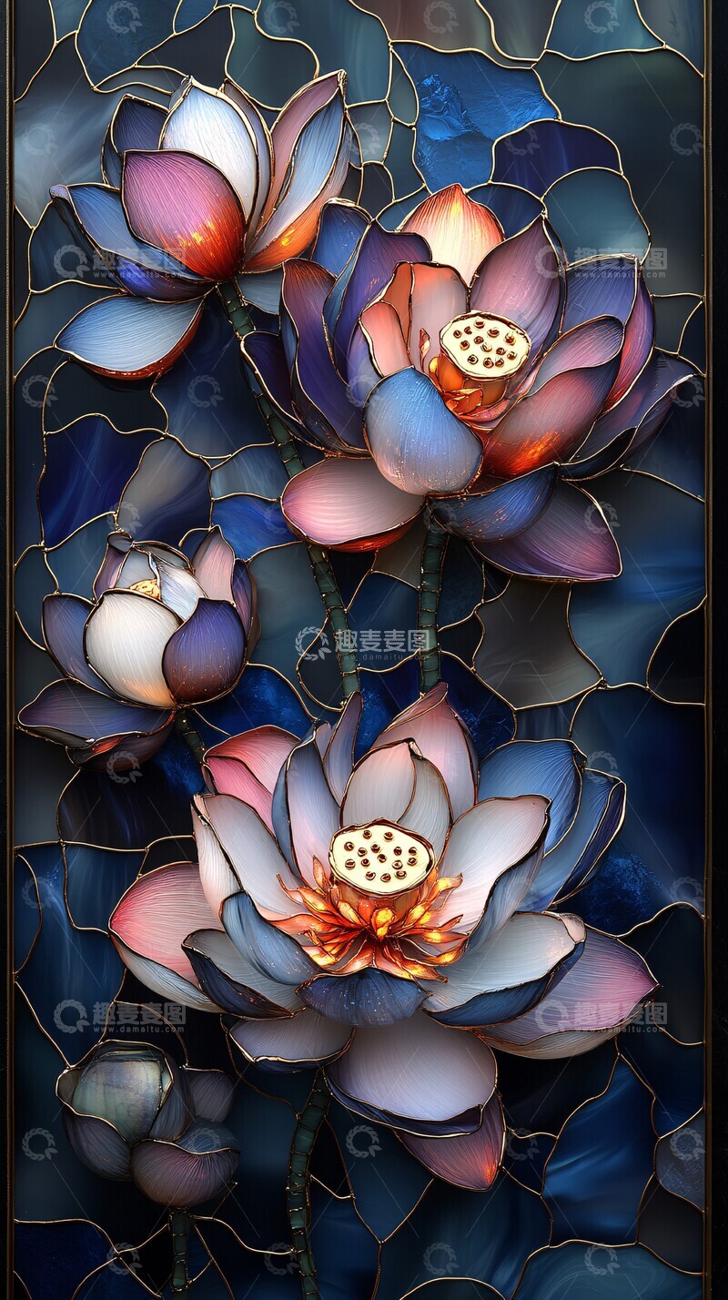 高清大图下载【趣麦麦图】莲花玻璃花窗2