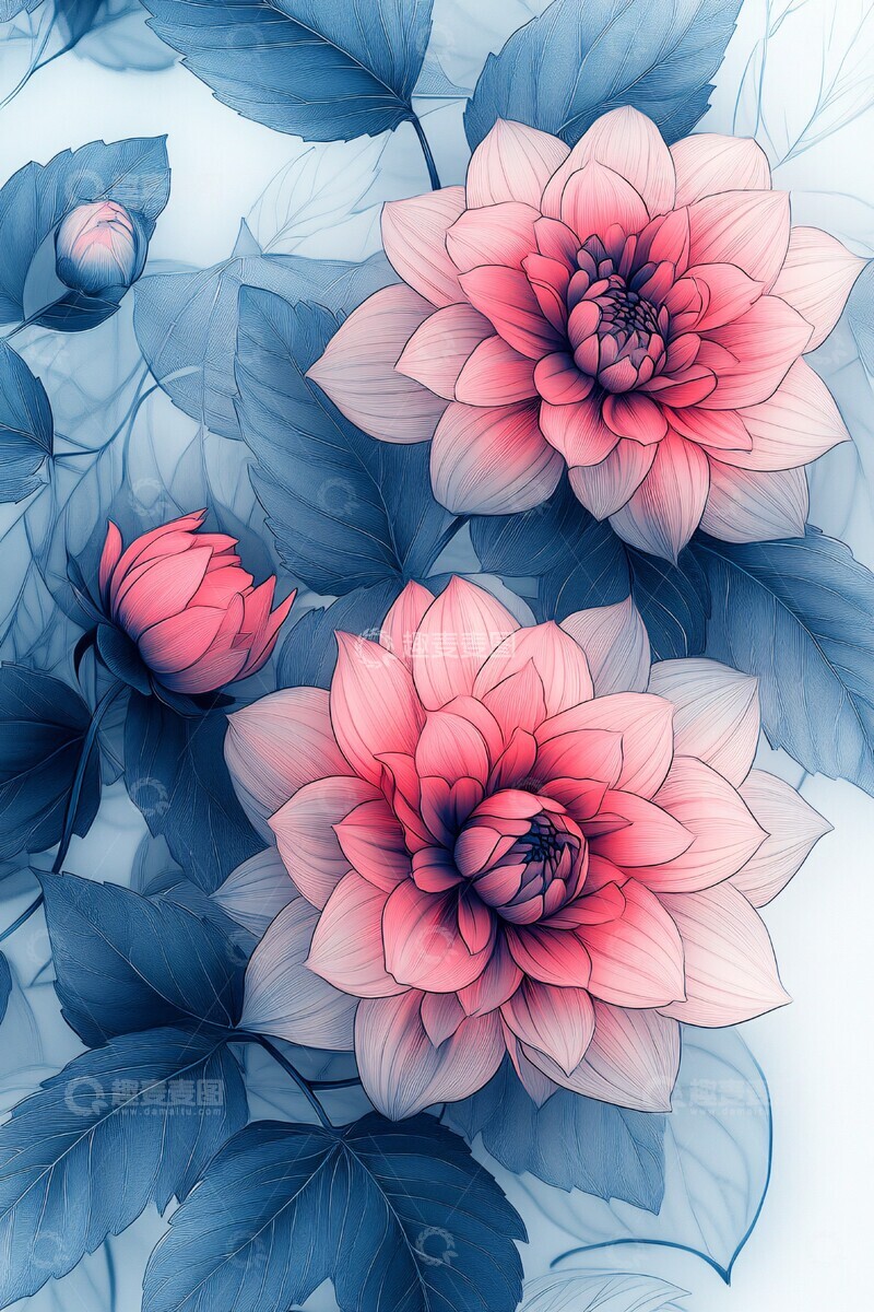 高清大图下载【趣麦麦图】粉色大丽花线条画1