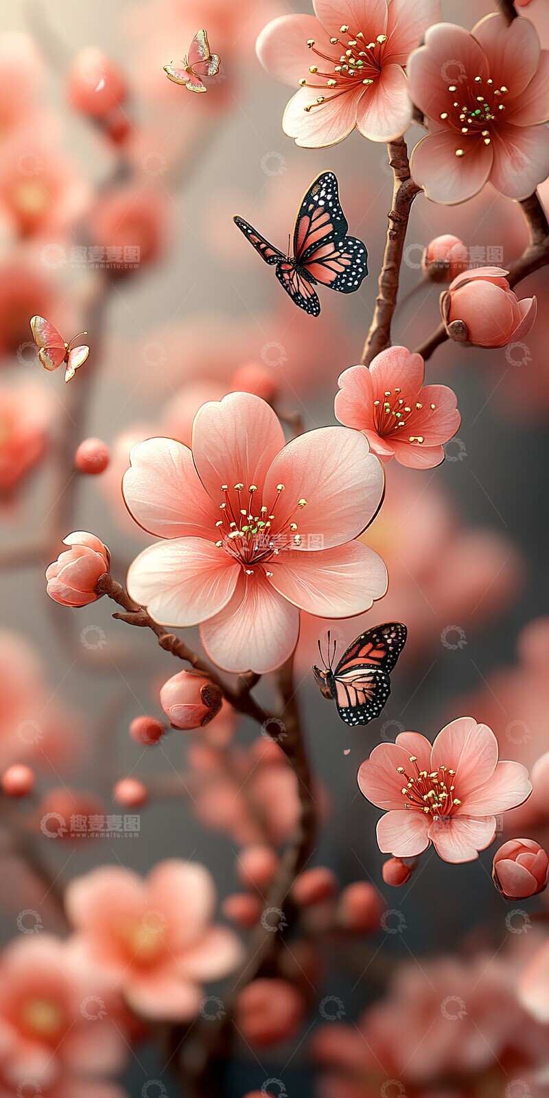 高清大图下载【趣麦麦图】粉玉樱花金蝶图3