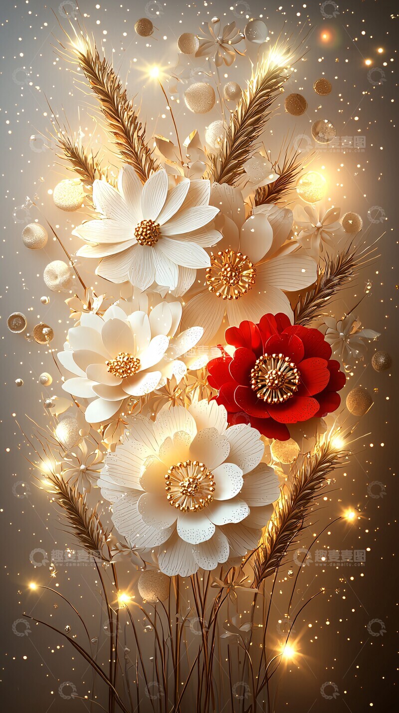 高清大图下载【趣麦麦图】白红花束剪纸3