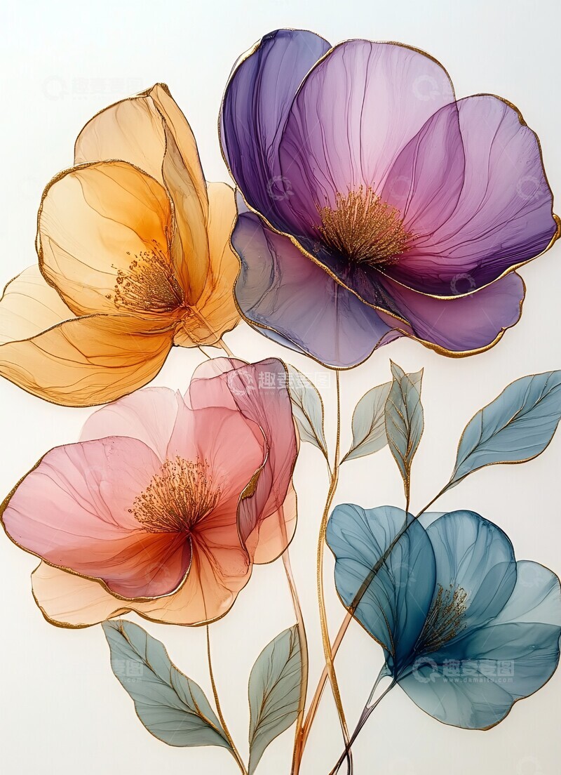 高清大图下载【趣麦麦图】粉色青色黄色花叶3