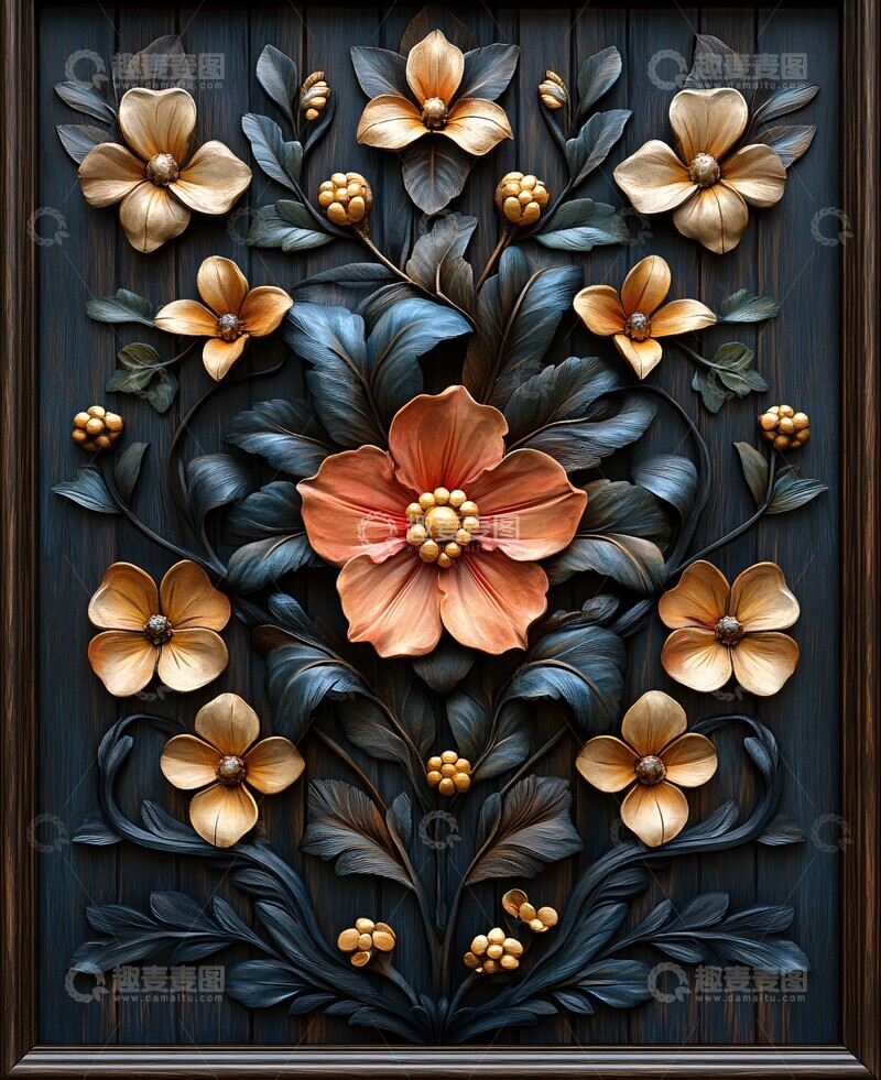 高清大图下载【趣麦麦图】木雕花叶蓝褐刻3