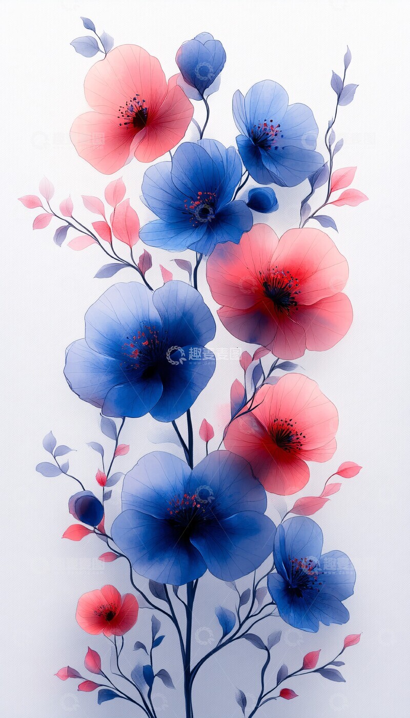 高清大图下载【趣麦麦图】蓝色粉色花朵矢量图