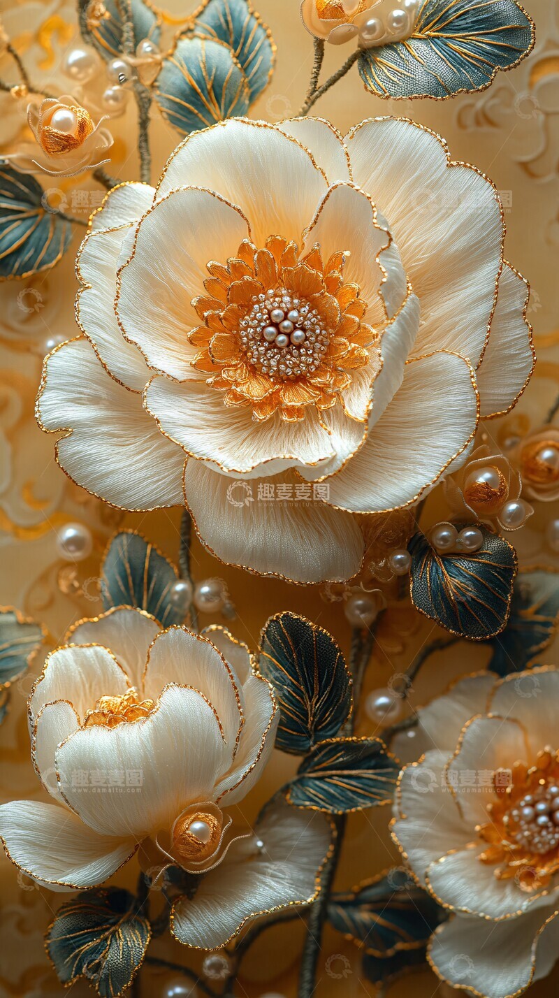 高清大图下载【趣麦麦图】金线牡丹刺绣图案3