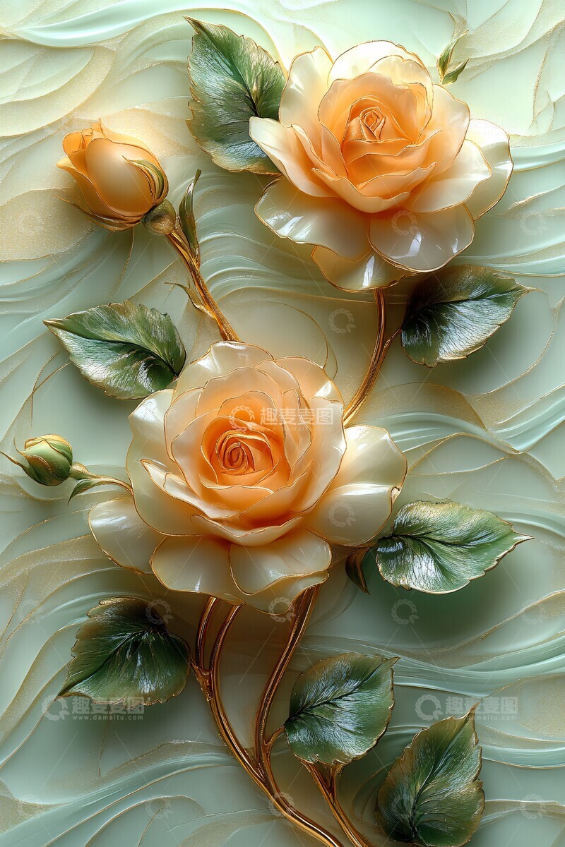 高清大图下载【趣麦麦图】金绿波浪玫瑰墙纸3