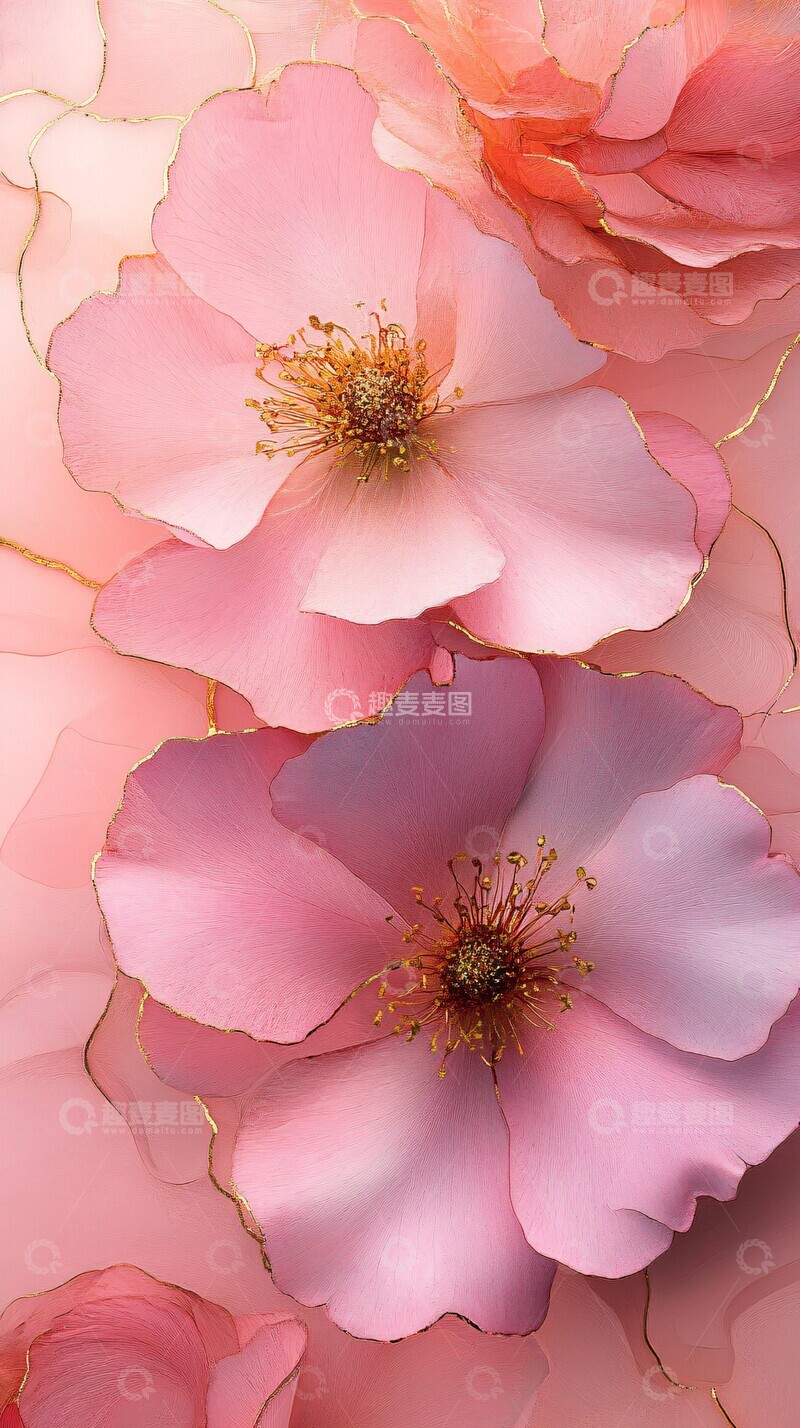 高清大图下载【趣麦麦图】粉色花艺水墨壁纸3