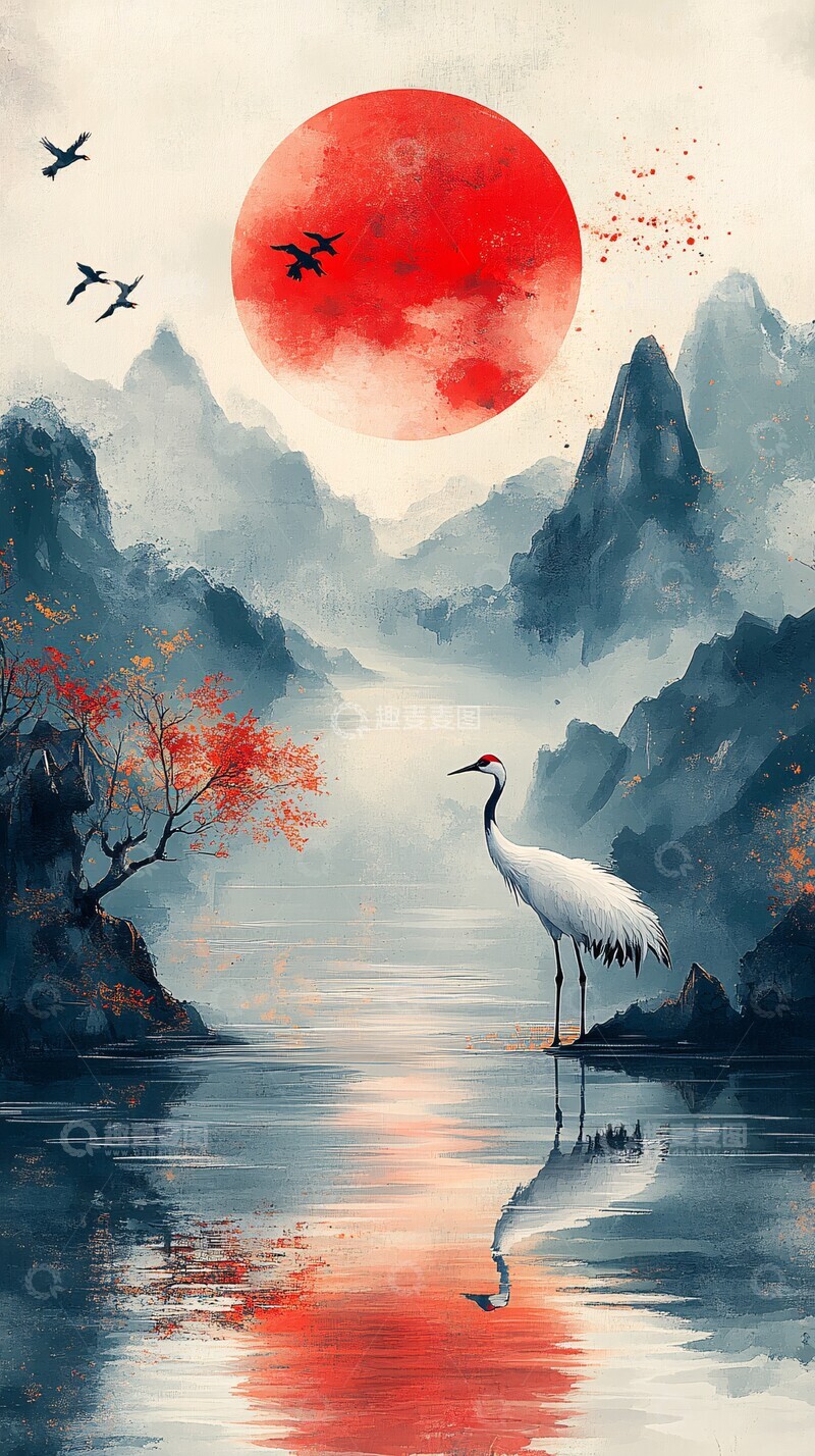 高清大图下载【趣麦麦图】晨雾山色白鹤映水2