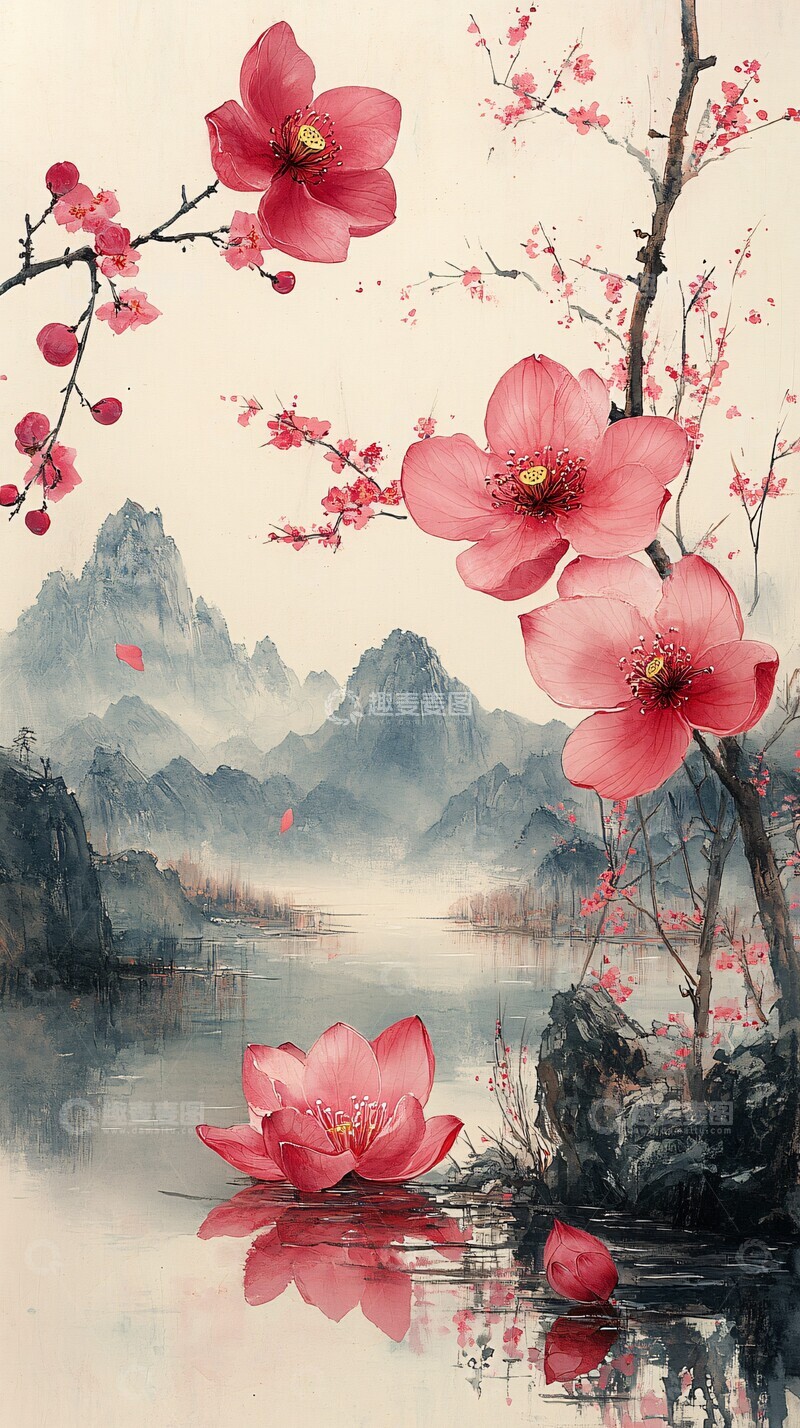 高清大图下载【趣麦麦图】红梅莲池山水图1