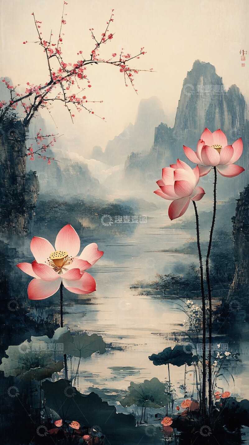 高清大图下载【趣麦麦图】红梅莲池山水图3