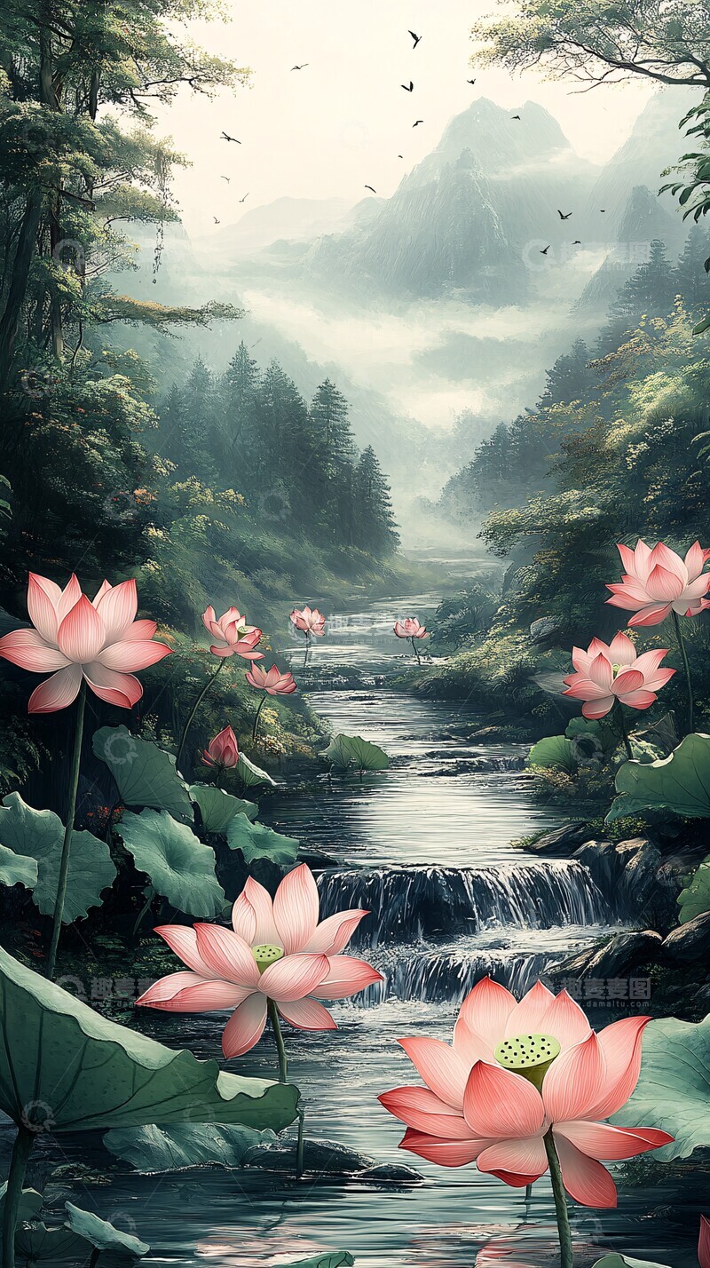 高清大图下载【趣麦麦图】莲花流溪壁纸2