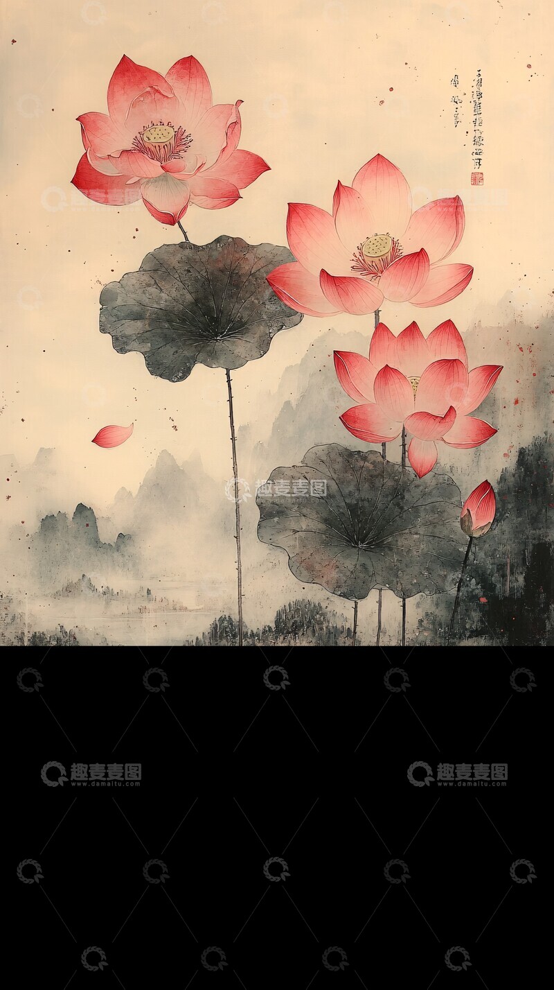 高清大图下载【趣麦麦图】红梅莲池山水图2