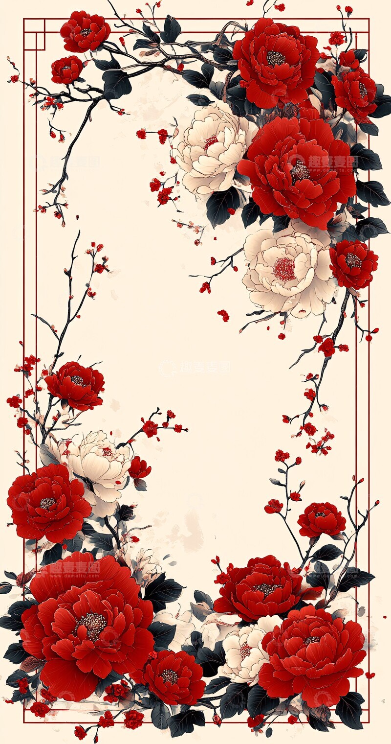高清大图下载【趣麦麦图】红色花卉边框3