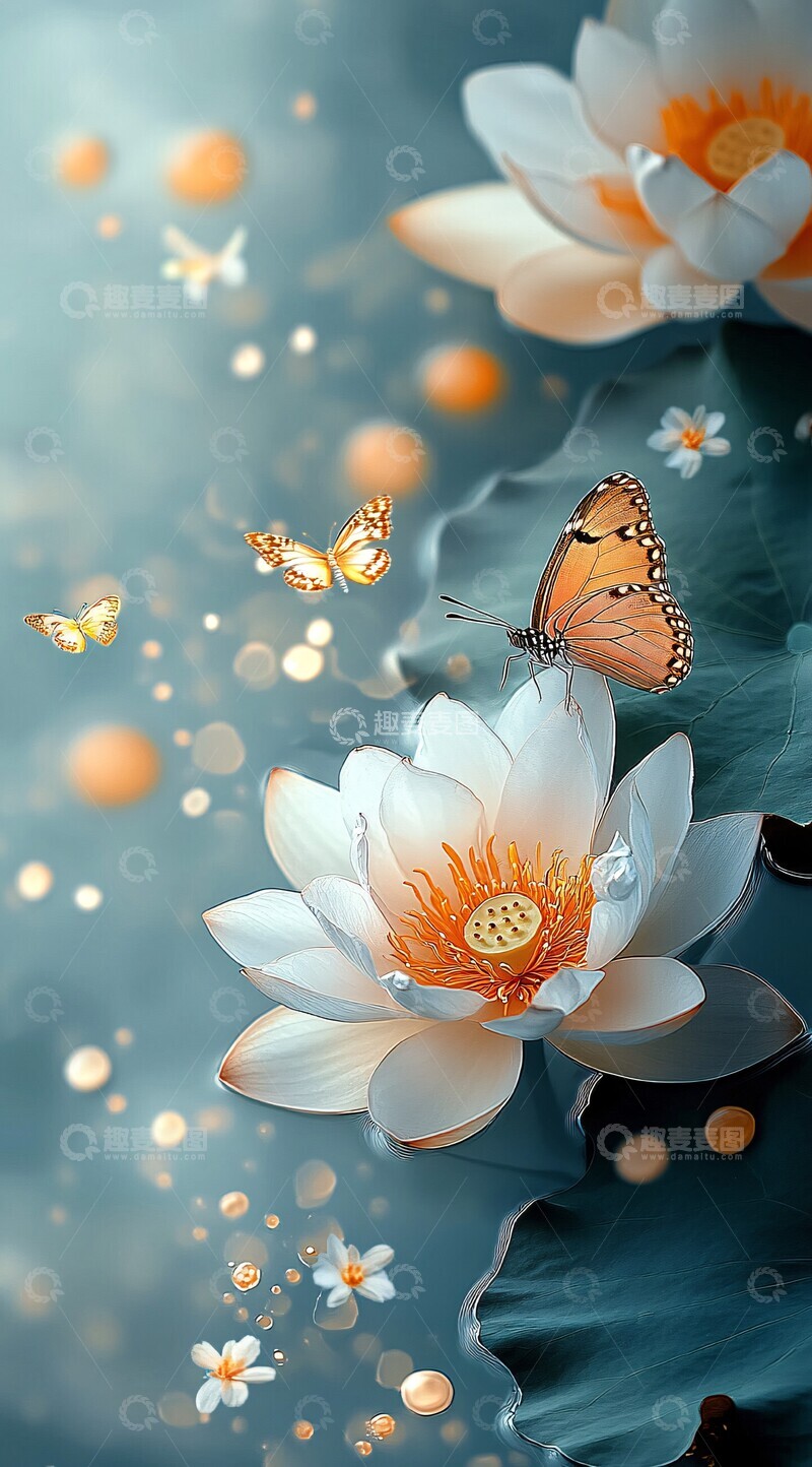 高清大图下载【趣麦麦图】莲花湖面蝴蝶3