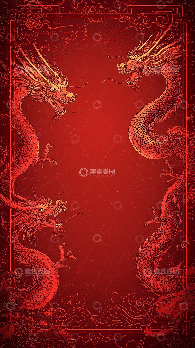 高清大图下载【趣麦麦图】红色龙纹框架2