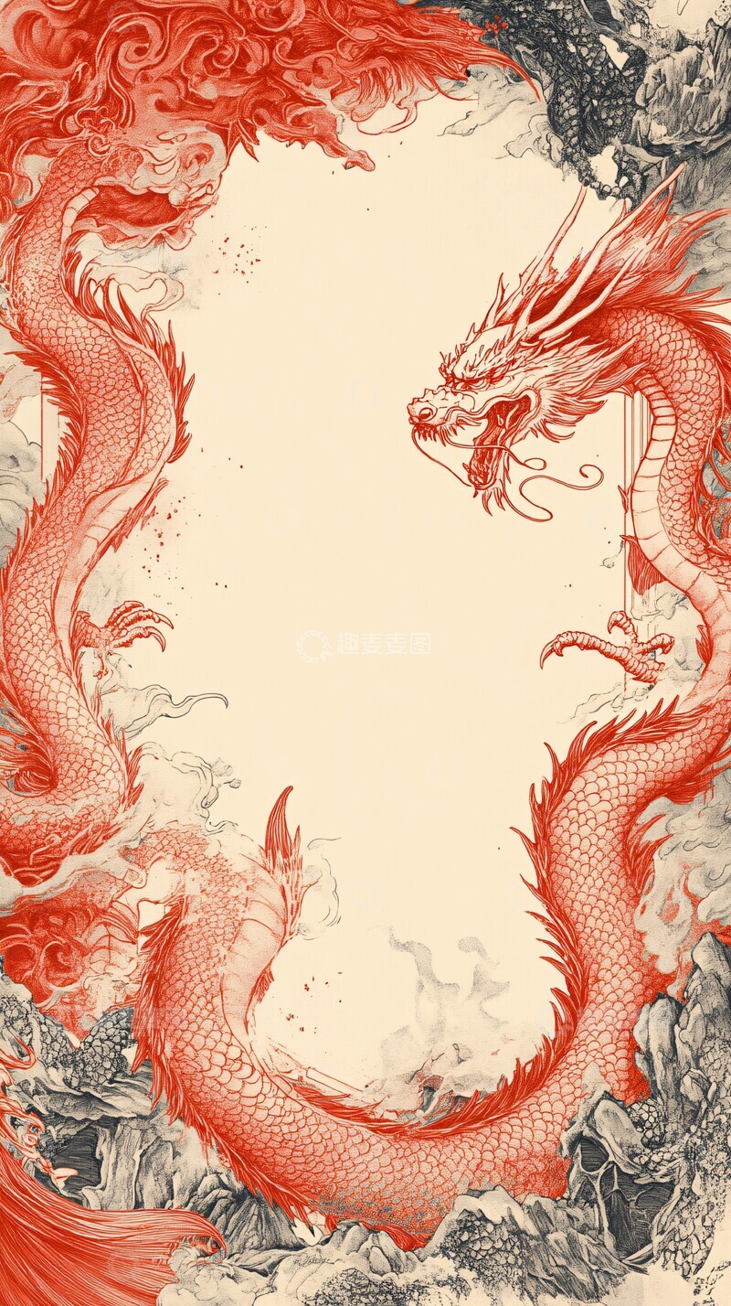 高清大图下载【趣麦麦图】红色龙纹框架1