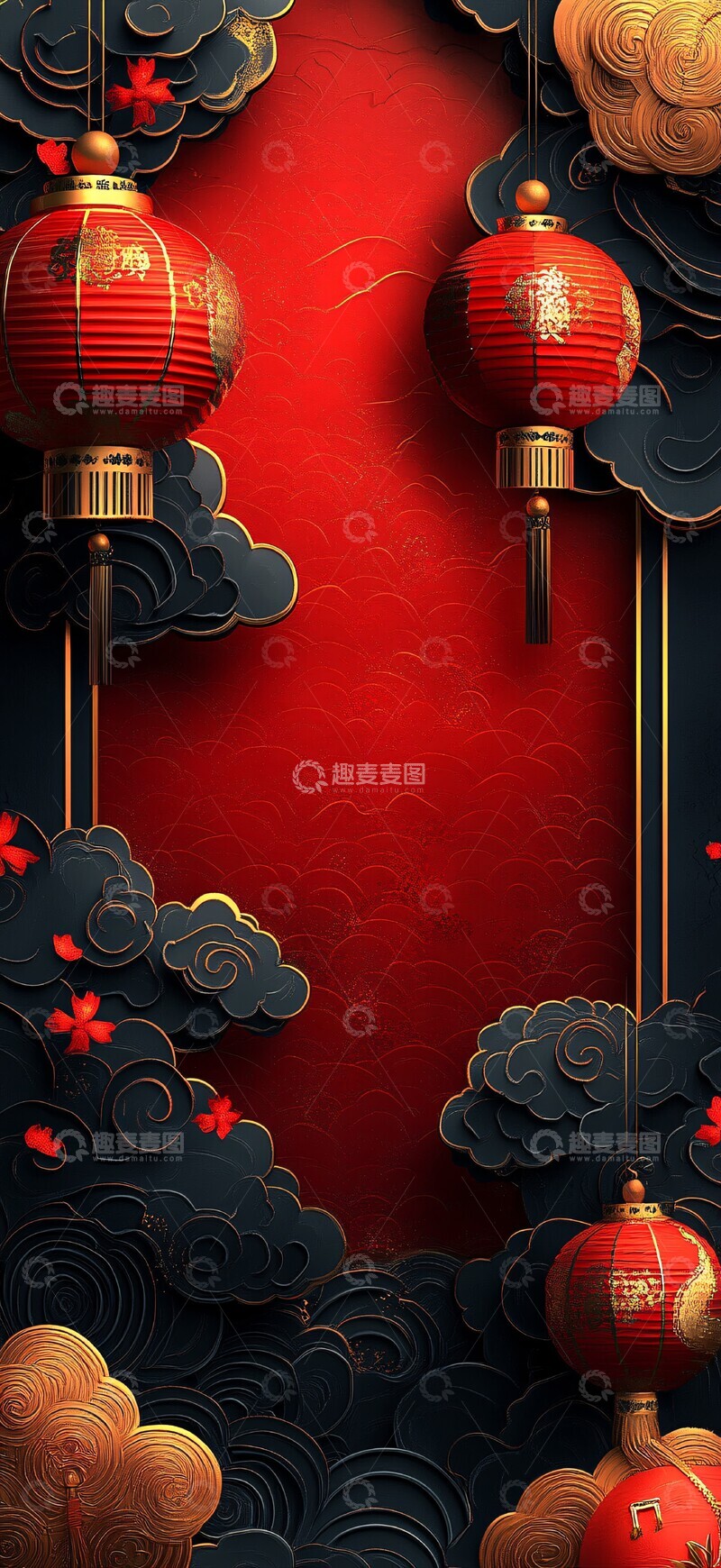高清大图下载【趣麦麦图】新年红色云纹壁纸3