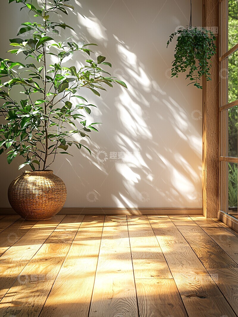 高清大图下载【趣麦麦图】木地板白墙绿植3