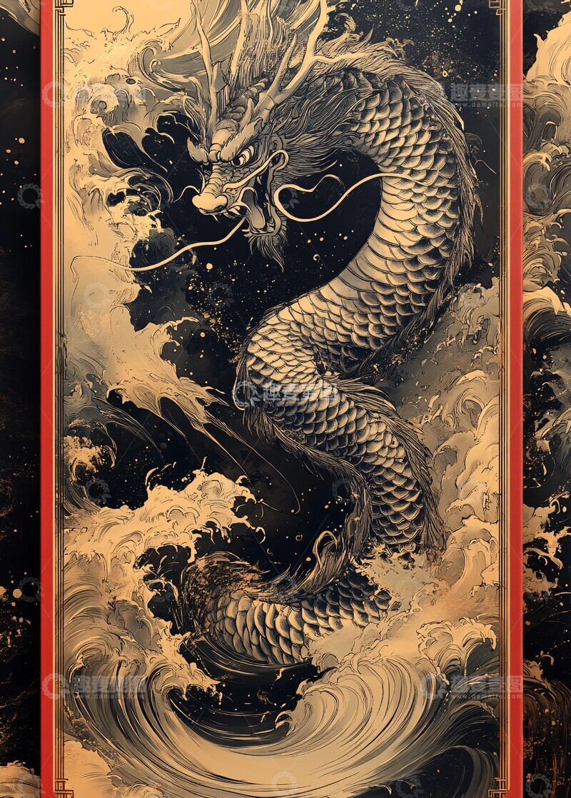 高清大图下载【趣麦麦图】龙纹水波边框3
