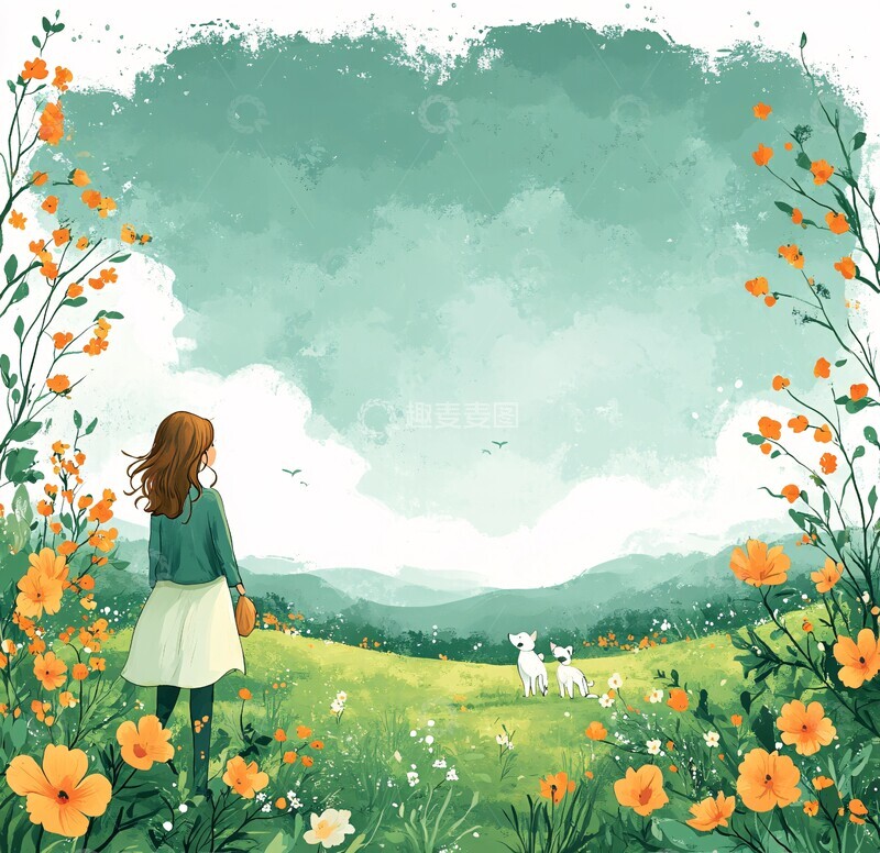 高清大图下载【趣麦麦图】春天草地散步图3