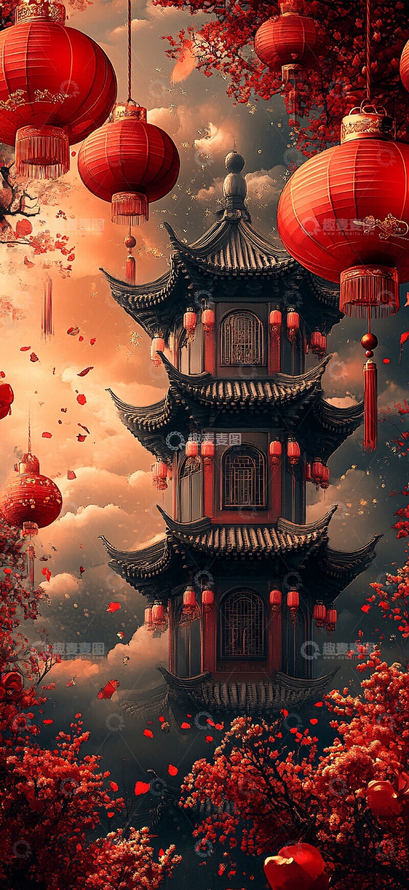 高清大图下载【趣麦麦图】新年红色云纹壁纸1