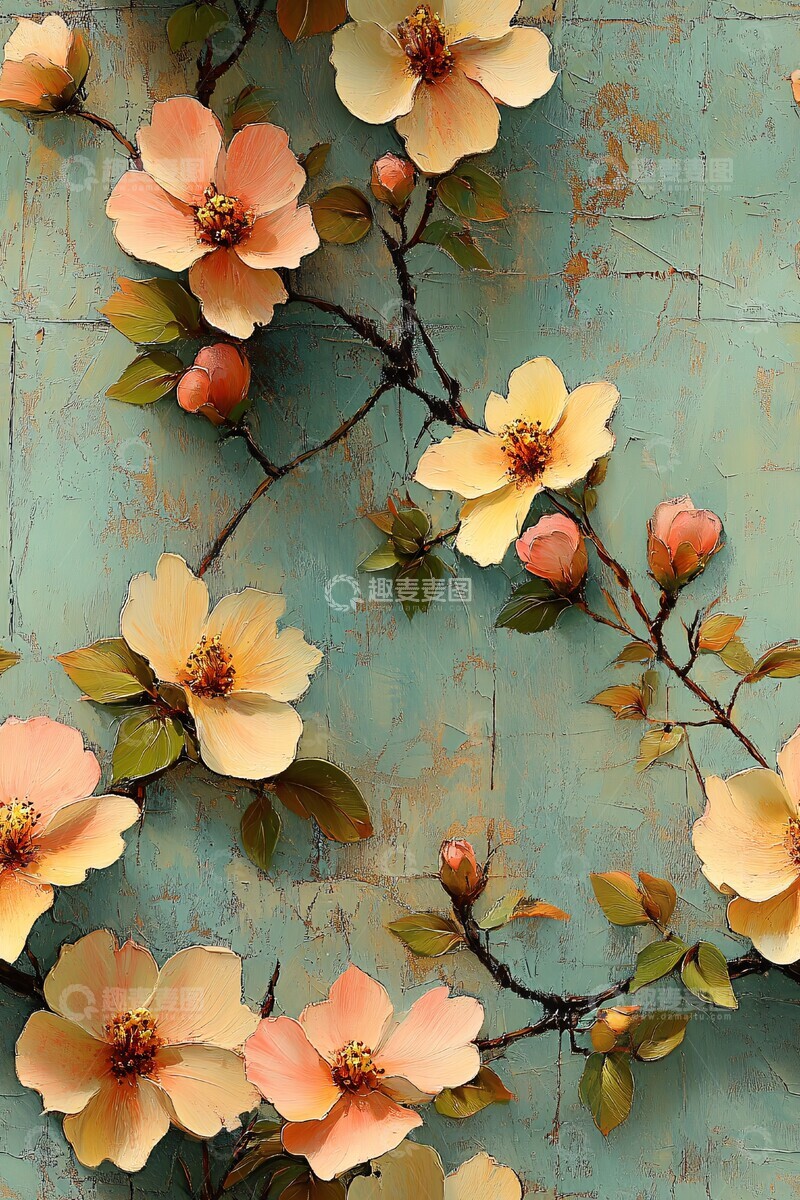 高清大图下载【趣麦麦图】绿色油画花朵设计2