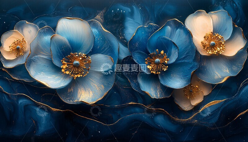 高清大图下载【趣麦麦图】蓝花金线墨染墙纸3