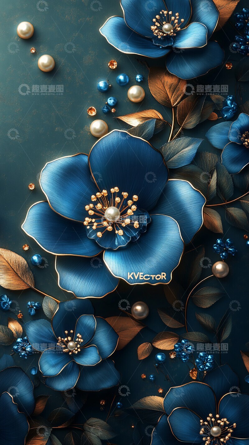 高清大图下载【趣麦麦图】蓝金对称花卉壁纸3